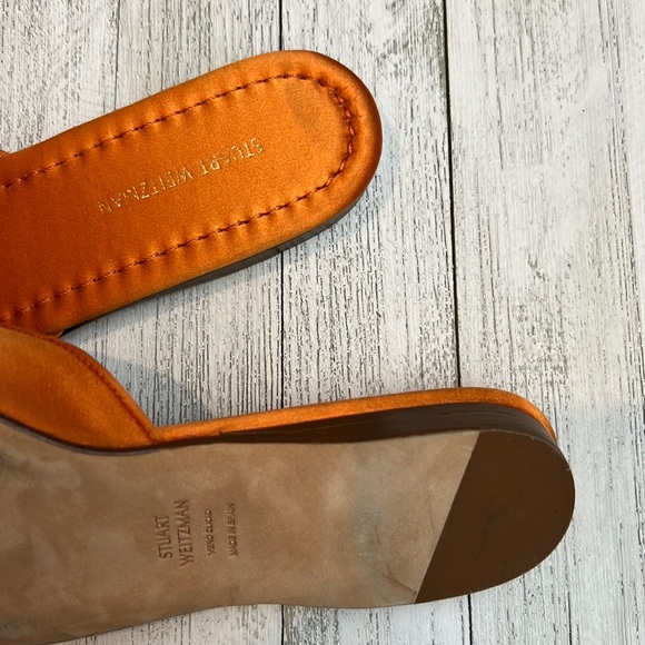 Stuart Weitzman Muletown Round Toe Mules Slip On Flat Orange Satin - Picture 8 of 16